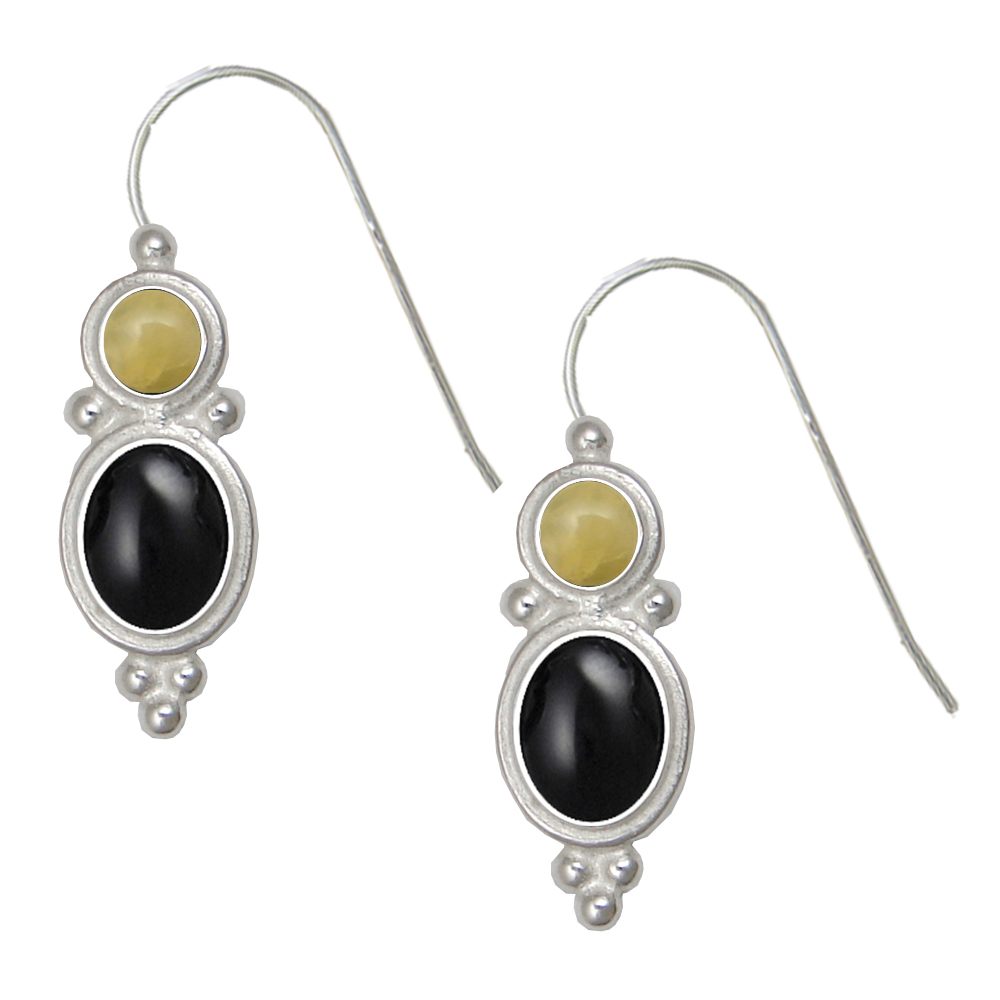 Sterling Silver Drop Dangle Earrings Black Onyx And Yellow Aragonite